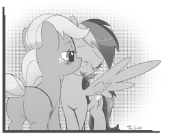 Size: 964x763 | Tagged: safe, artist:insomniacovrlrd, applejack, rainbow dash, earth pony, pegasus, pony, adorable face, applebutt, appledash, black and white, blushing, butt, cute, dork, female, grayscale, kiss on the cheek, kissing, lesbian, monochrome, plot, shipping, smiling, spread wings, teary eyes, wings