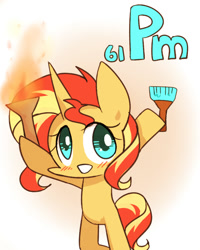 Size: 800x1000 | Tagged: safe, artist:joycall6, part of a set, sunset shimmer, pony, unicorn, series:joycall6's periodic table, bipedal, blushing, chemistry, female, mare, periodic table, promethium (element), solo, torch