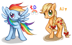 Size: 733x454 | Tagged: safe, artist:milk4ppl, applejack, rainbow dash, earth pony, pegasus, pony, alternate hairstyle, braided tail