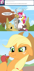 Size: 700x1456 | Tagged: safe, artist:peachiekeenie, artist:tarajenkins, applejack, discord, plumsweet, earth pony, pony, ask, comic, discorderlyconduct, puffy cheeks, tumblr