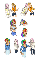 Size: 1000x1485 | Tagged: safe, artist:ancalinar, applejack, fluttershy, rainbow dash, angry, appleshy, belly button, blushing, caught, cleavage, clothes, comic, cuckolding, drink, female, humanized, kissing, lesbian, midriff, shipping, skirt, sports bra