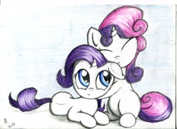 Size: 3509x2550 | Tagged: safe, artist:rameslack, rarity, sweetie belle, pony, unicorn, filly, time paradox, traditional art