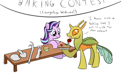 Size: 1288x800 | Tagged: safe, artist:mightyshockwave, clypeus, starlight glimmer, changedling, changeling, pony, unicorn, to where and back again, baking, cow tools, dialogue, food, pie, table, the far side