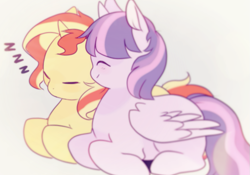 Size: 909x636 | Tagged: safe, artist:balaraika, sunset shimmer, twilight sparkle, twilight sparkle (alicorn), alicorn, pony, cute, duo, female, mare, ponyloaf, sleeping