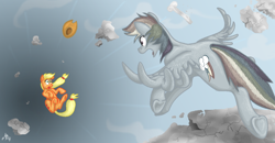 Size: 1200x623 | Tagged: safe, artist:gonedreamer, applejack, rainbow dash, earth pony, pegasus, pony, falling, female, mare