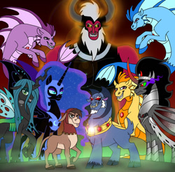 Size: 600x592 | Tagged: dead source, safe, artist:melspyrose, adagio dazzle, aria blaze, bray, grogar, king sombra, lord tirek, nightmare moon, queen chrysalis, sonata dusk, alicorn, changeling, changeling queen, donkey, pony, siren, unicorn, alicorn amulet, cloven hooves, dazzling, evil, evil grin, grin, male, ram, shadow king, smiling, sombracorn, the dazzlings, villainess, villains of equestria