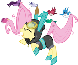 Size: 6001x4971 | Tagged: safe, artist:freak0uo, fluttershy, bird, pegasus, pony, magic duel, absurd resolution, bunny ears, clothes, costume, dangerous mission outfit, eyes closed, female, goggles, hoodie, mare, open mouth, simple background, solo, transparent background