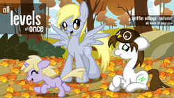 Size: 900x506 | Tagged: safe, artist:bronycurious, derpy hooves, dinky hooves, oc, pegasus, pony, all levels at once, autumn, female, griffin village, leaves, mare