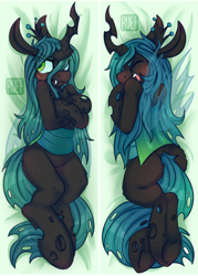 Size: 540x756 | Tagged: safe, artist:ruef, queen chrysalis, changeling, changeling queen, blushing, body pillow, body pillow design, embarrassed, female, fluffy changeling, solo, tail between legs, tsundere