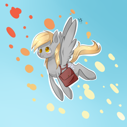 Size: 2000x2000 | Tagged: safe, artist:tomat-in-cup, derpy hooves, pegasus, pony, bag, cloud, female, flying, mare, saddle bag, solo