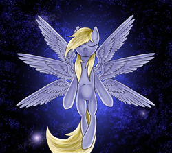 Size: 1364x1217 | Tagged: safe, artist:myhysteria, derpy hooves, pegasus, pony, seraph, eyes closed, female, mare, multiple wings, six wings, solo, spread wings, the cosmos, wings