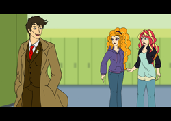 Size: 4961x3508 | Tagged: safe, artist:westphalianartist, adagio dazzle, doctor whooves, sunset shimmer, equestria girls, alternate costumes, clothes, crossover, david tennant, doctor who, handsome, hoodie, open mouth, school, story included, suit, tenth doctor, the doctor