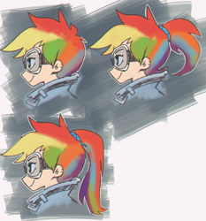 Size: 1095x1173 | Tagged: safe, artist:gmrqor, derpibooru import, rainbow dash, human, alternate hairstyle, crossover, goggles, humanized, overwatch, ponytail, rainbow tracer, tracer