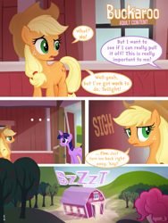 Size: 960x1280 | Tagged: safe, artist:syoee b, derpibooru import, applejack, pinkie pie, twilight sparkle, earth pony, pony, comic:buckaroo, ..., applejack's barn, applejack's hat, barn, comic, cowboy hat, cute, eye contact, frown, grin, hat, looking back, magic, raised eyebrow, sigh, smiling, squee, stetson, sweat, sweet apple acres, twiabetes, worried