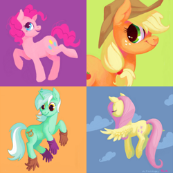 Size: 838x837 | Tagged: safe, artist:purmu, applejack, fluttershy, lyra heartstrings, pinkie pie, earth pony, pegasus, pony, gloves