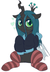 Size: 1879x2700 | Tagged: safe, artist:evomanaphy, queen chrysalis, changeling, changeling queen, blushing, clothes, cute, cutealis, featureless crotch, female, heart, looking at you, simple background, smiling, socks, solo, striped socks, sweater, transparent background