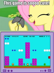 Size: 563x752 | Tagged: safe, fluttershy, pegasus, pony, controller, eversion, exploitable meme, eyes closed, female, fs doesn't know what she's getting into, gamershy, happy, hoof hold, mare, meme, open mouth, pink mane, screen, smiling, this will end in tears, tv meme, yellow coat