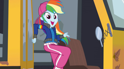 Size: 1280x720 | Tagged: safe, derpibooru import, screencap, rainbow dash, eqg summertime shorts, equestria girls, get the show on the road, backwards ballcap, baseball cap, cap, clothes, female, open mouth, pants, raised leg, rapper dash, sexy, solo