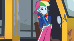 Size: 1280x720 | Tagged: safe, derpibooru import, screencap, rainbow dash, eqg summertime shorts, equestria girls, get the show on the road, backwards ballcap, baseball cap, cap, clothes, female, hat, pants, rapper, rapper dash, school bus, sexy, solo