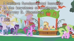 Size: 800x450 | Tagged: safe, artist:wisdomhoof, edit, edited screencap, screencap, applejack, berry punch, berryshine, daisy, dusky grape, earth pony, pony, the ticket master, apple, apple stand, background pony, chilly puddle, female, food, mare, quote, text