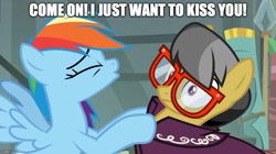 Size: 888x499 | Tagged: safe, derpibooru import, edit, edited screencap, screencap, a.k. yearling, daring do, rainbow dash, pegasus, pony, daring done?, caption, daringdash, female, image macro, kissing, lesbian, meme, out of context, shipping, varying degrees of want