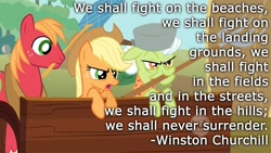 Size: 800x450 | Tagged: safe, artist:wisdomhoof, edit, edited screencap, screencap, applejack, big macintosh, granny smith, earth pony, pony, swarm of the century, fan, flyswatter, hub logo, mouth hold, pitchfork, quote, table, text