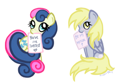 Size: 1013x694 | Tagged: safe, artist:perseveringrose, bon bon, derpy hooves, sweetie drops, pegasus, pony, female, mare, valentine