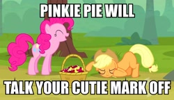 Size: 1326x762 | Tagged: safe, screencap, applejack, pinkie pie, earth pony, pony, the last roundup, animation error, cherry, chimicherrychanga, image macro, missing cutie mark