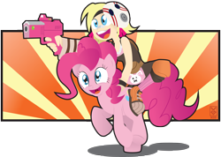 Size: 3274x2325 | Tagged: safe, artist:inspectornills, pinkie pie, earth pony, pony, borderlands, borderlands 2, crossover, duo, humans riding ponies, riding, tiny tina