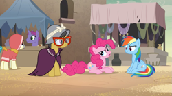 Size: 1271x713 | Tagged: safe, derpibooru import, screencap, a.k. yearling, daring do, desert flower, pinkie pie, rainbow dash, earth pony, pegasus, pony, unicorn, daring done?, background pony, female, glasses, hijab, male, mare, market, somnambula (location), somnambula resident, stallion, unnamed pony