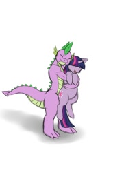 Size: 960x1200 | Tagged: safe, artist:lurking tyger, derpibooru import, spike, twilight sparkle, dragon, pony, cute, eyes closed, fangs, female, happy, holding a pony, hug, hug from behind, male, older, older spike, open mouth, simple background, smiling, teenage spike, white background
