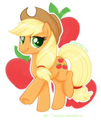 Size: 700x852 | Tagged: safe, artist:onnanoko, applejack, earth pony, pony, applejack's hat, blonde, blonde mane, blonde tail, female, green eyes, mare, orange coat, solo