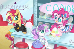 Size: 3150x2100 | Tagged: safe, artist:dreamscapevalley, pinkie pie, sunset shimmer, sweetie belle, earth pony, pony, unicorn, equestria girls, alternate hairstyle, clothes, dress, equestria girls outfit, equestria girls ponified, gala dress, ponified, ponytail