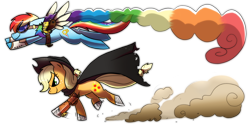 Size: 2000x1000 | Tagged: dead source, safe, artist:shufflestripes, applejack, rainbow dash, cyborg, earth pony, pegasus, pony, cape, clothes, jetpack, steampunk