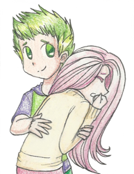 Size: 600x778 | Tagged: safe, artist:mikisakiiro, fluttershy, spike, magic duel, cute, eyes closed, female, flutterspike, hug, humanized, male, scene interpretation, shipping, simple background, smiling, straight, transparent background