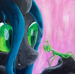 Size: 1024x1012 | Tagged: safe, artist:colorsceempainting, queen chrysalis, changeling, changeling queen, mantis, canvas, female, paint, painting, pet, smiling, traditional art, watermark, when she smiles