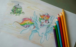 Size: 2988x1836 | Tagged: safe, artist:woonborg, derpibooru import, rainbow dash, tank, pegasus, pony, tortoise, cheek fluff, chest fluff, cloud, colored pencil drawing, cute, dashabetes, female, flying, looking back, mare, propeller, traditional art