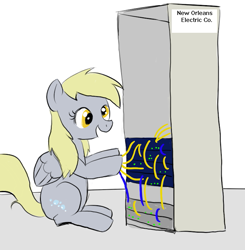 Size: 703x717 | Tagged: safe, derpy hooves, pegasus, pony, context in description, derpy hooves tech support, female, mare, power outage, sitting, smiling, solo