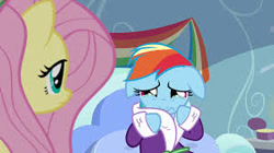 Size: 300x168 | Tagged: safe, derpibooru import, screencap, fluttershy, rainbow dash, pegasus, pony, tanks for the memories, about to cry, bathrobe, clothes, crying, cute, dashabetes, female, floppy ears, imminent crying, mare, robe, sad, sadbow dash, teary eyes