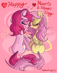 Size: 1071x1379 | Tagged: safe, artist:willisninety-six, fluttershy, pinkie pie, earth pony, pegasus, pony, alternate hairstyle, bed mane, blushing, female, flutterpie, lesbian, shipping