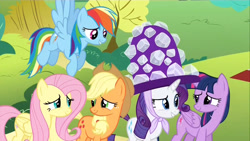 Size: 1280x720 | Tagged: safe, derpibooru import, screencap, applejack, fluttershy, rainbow dash, rarity, twilight sparkle, twilight sparkle (alicorn), alicorn, earth pony, pegasus, pony, unicorn, maud pie (episode), awkward, female, giant hat, grin, hat, mare, raised eyebrow, smiling