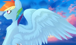 Size: 1200x720 | Tagged: safe, artist:tigra0118, derpibooru import, rainbow dash, pegasus, pony, chest fluff, cloud, female, mare, profile, sitting, sky, smiling, solo, spread wings, wings