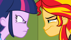 Size: 1366x768 | Tagged: safe, screencap, sunset shimmer, twilight sparkle, equestria girls, smiling