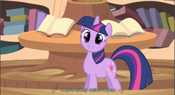 Size: 858x468 | Tagged: safe, derpibooru import, screencap, twilight sparkle, pony, unicorn, female, horn, mare, purple coat, purple mane, solo, youtube caption