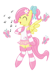 Size: 1785x2526 | Tagged: safe, artist:varijani, fluttershy, butterfly, pegasus, pony, alternate hairstyle, bow, clothes, cute, eyes closed, flower, flower in hair, hello kitty, leotard, music notes, open mouth, ponytail, sanrio, simple background, singing, skirt, smiling, socks, solo, striped socks, tanktop, transparent background