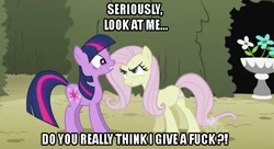 Size: 633x344 | Tagged: safe, derpibooru import, fluttershy, twilight sparkle, pegasus, pony, discorded, flutterbitch, image macro, no fucks, vulgar, wingless