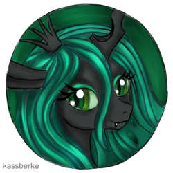 Size: 425x425 | Tagged: safe, artist:kassberke, queen chrysalis, changeling, changeling queen, bust, crown, fangs, green background, jewelry, looking at you, regalia, simple background, smiling, solo