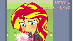 Size: 1920x1080 | Tagged: safe, edit, screencap, sunset shimmer, equestria girls, blushing, cute, image macro, lilies, meme, mystery date, offscreen character, photoshop, shimmerbetes, shipping, shy