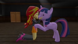 Size: 1360x768 | Tagged: safe, artist:mk513, sunset shimmer, twilight sparkle, twilight sparkle (alicorn), alicorn, human, equestria girls, 3d, female, gmod, humanized human on pony action, interspecies, kissing, lesbian, shipping, sunsetsparkle