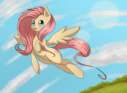 Size: 2051x1500 | Tagged: safe, artist:tomat-in-cup, fluttershy, pegasus, pony, chest fluff, cloud, female, flying, mare, outdoors, solo